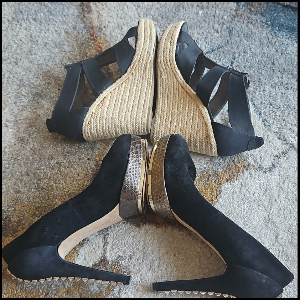 Set Of 7.5 Camuto Stiĺetto Black Gold &  Metal Top Zip Black Sandal Wedge